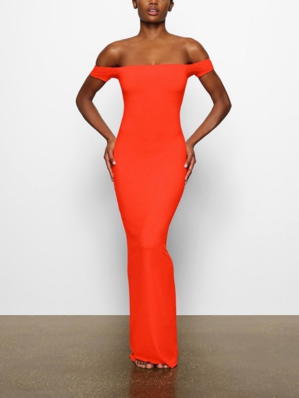 SKIMS One-Shoulder Bodycon Maxi Dress in Vibrant Orange-Red